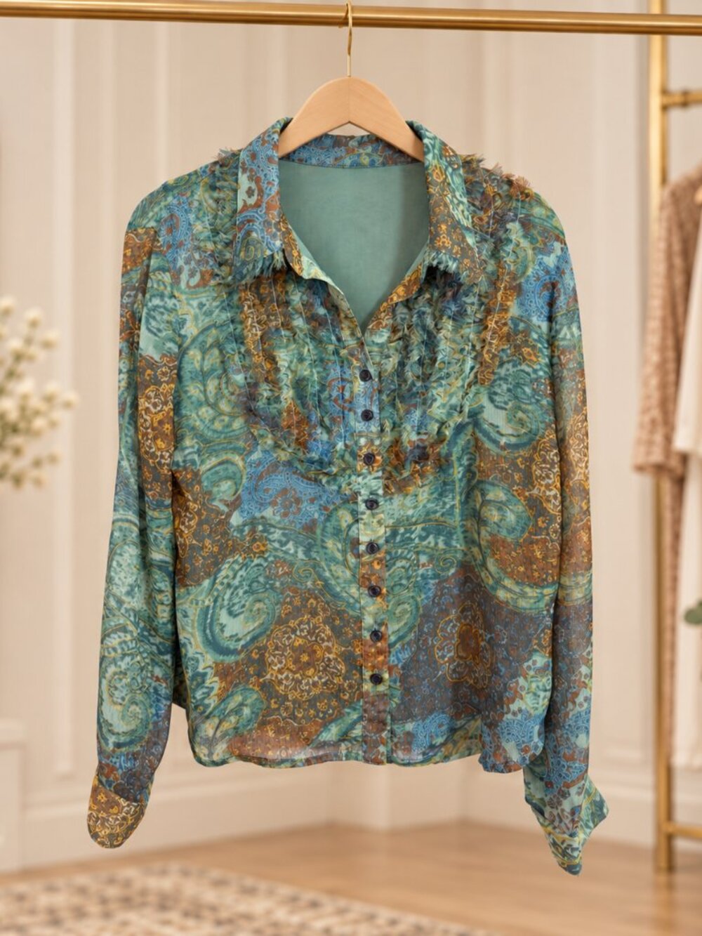 Coldwater Creek Petite M Paisley Ruffle Sheer Button Front Blouse